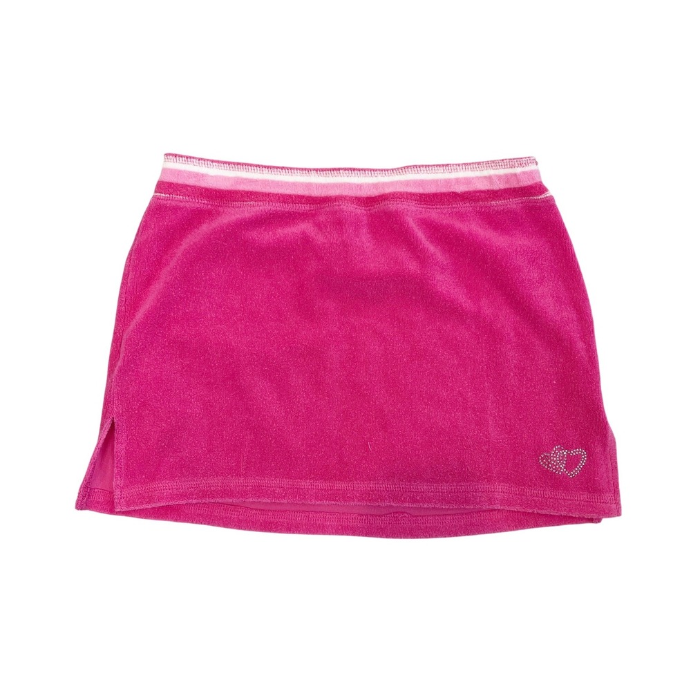Y2K Pink Terry Cloth Mini Skirt Rhinestone Heart McBling Cute - Size Medium